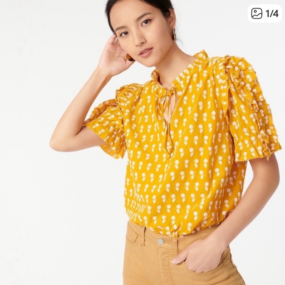 J.Crew Voile Ruffle Sunflower Embroidered Blouse Shirt Mustard Yellow, Size L